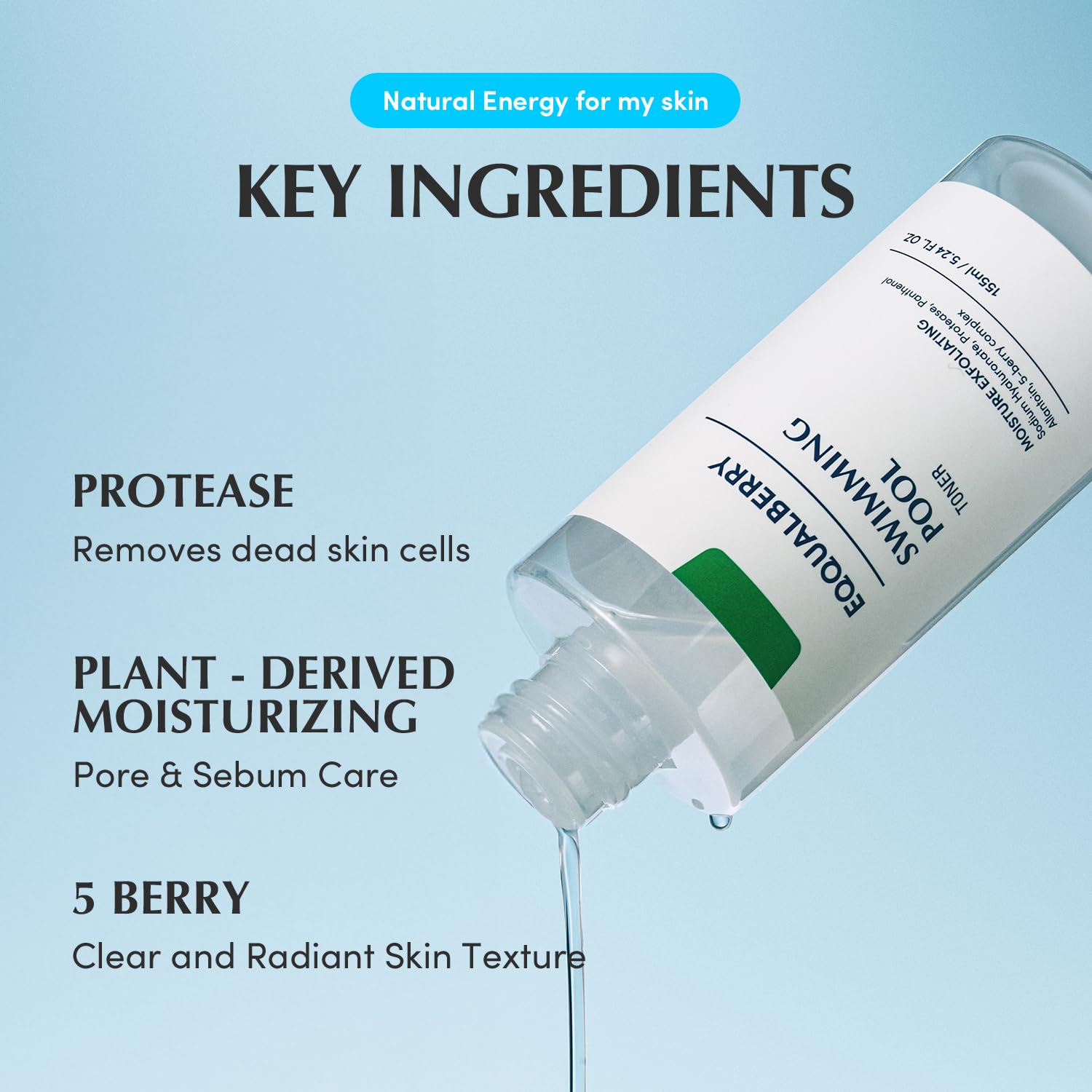 EQQUALBERRY Swimming Pool Toner - Korean Toner for Daily Exfoliating & Deep Hydration with Natural Enzyme Protease & Hyaluronic Acid, For Sensitive Skin, 5.24 Fl Oz (155ml)